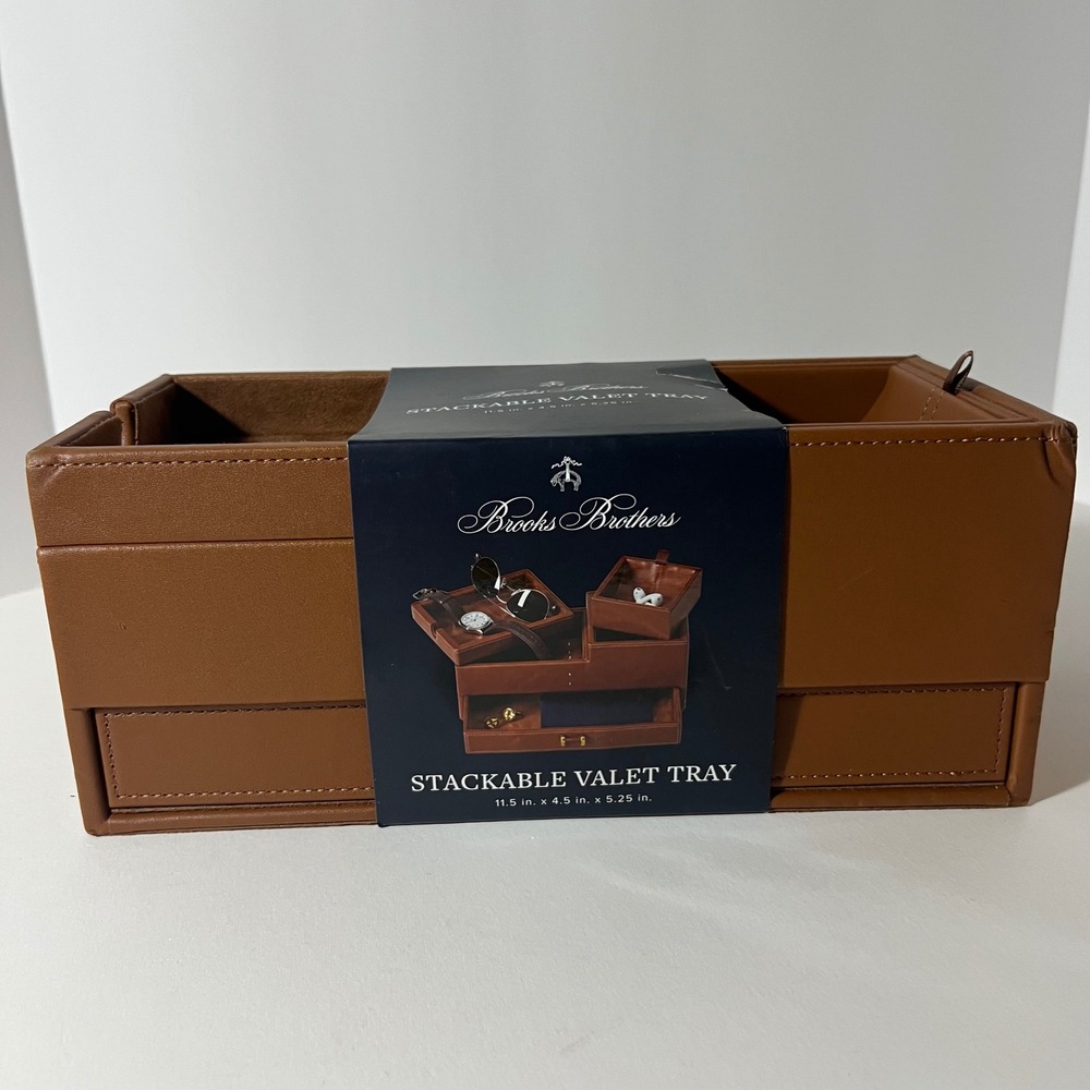 Brooks Brothers Stackable Valet Tray Cognac Brown Faux Leather New GF2617-BRA